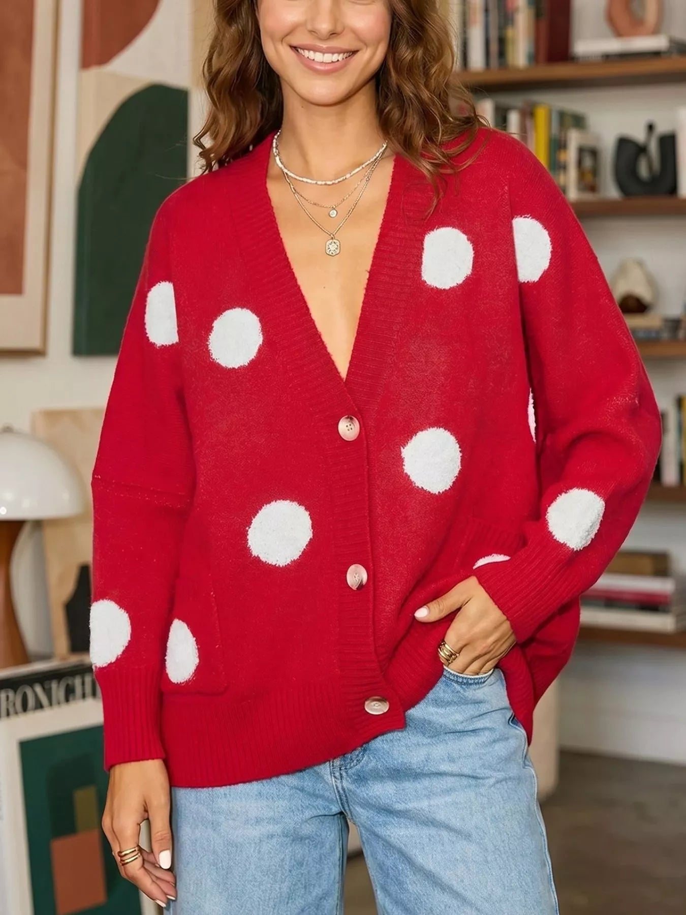 Polka Dot Button Front Oversized V Neck Cardigan