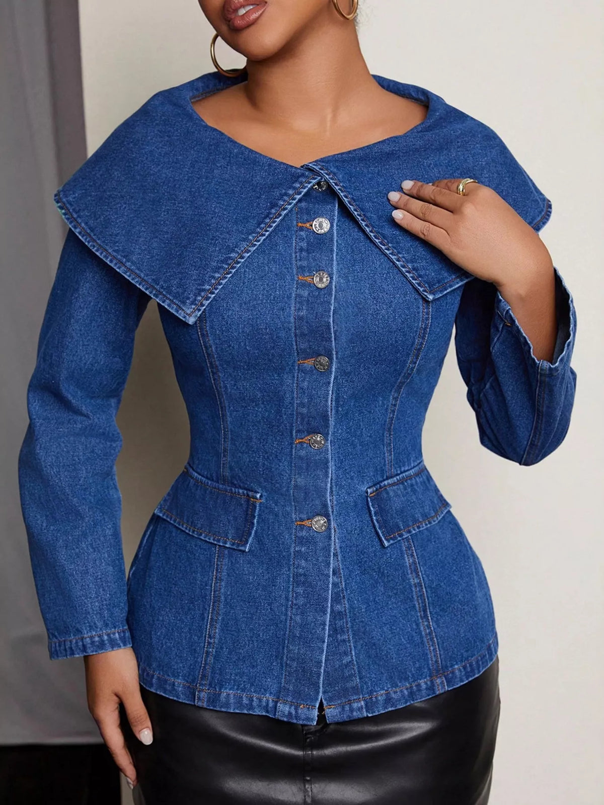 Button-Front Long Sleeve Denim Top