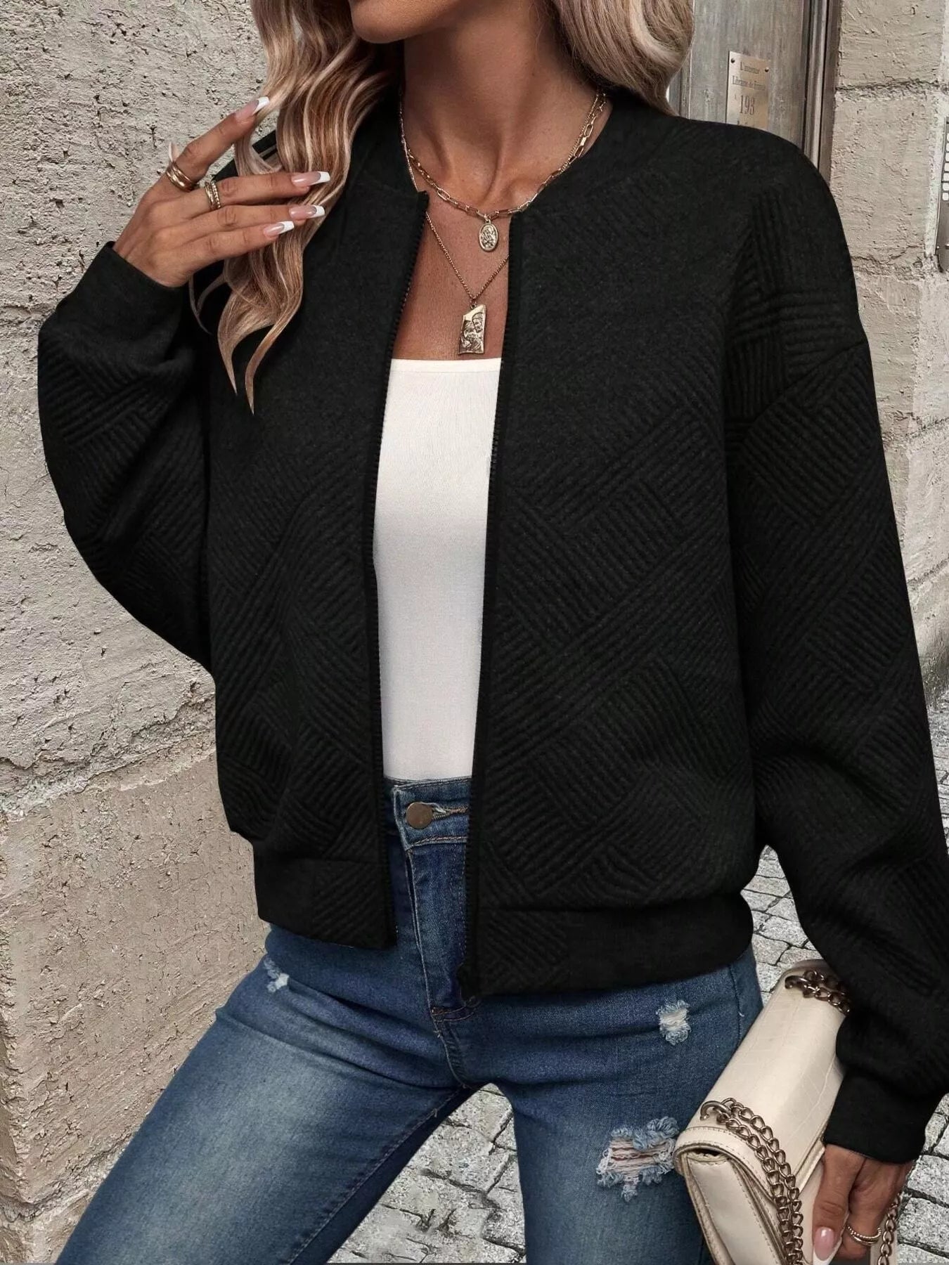 Zip-Up Textured Long Sleeve Jacket