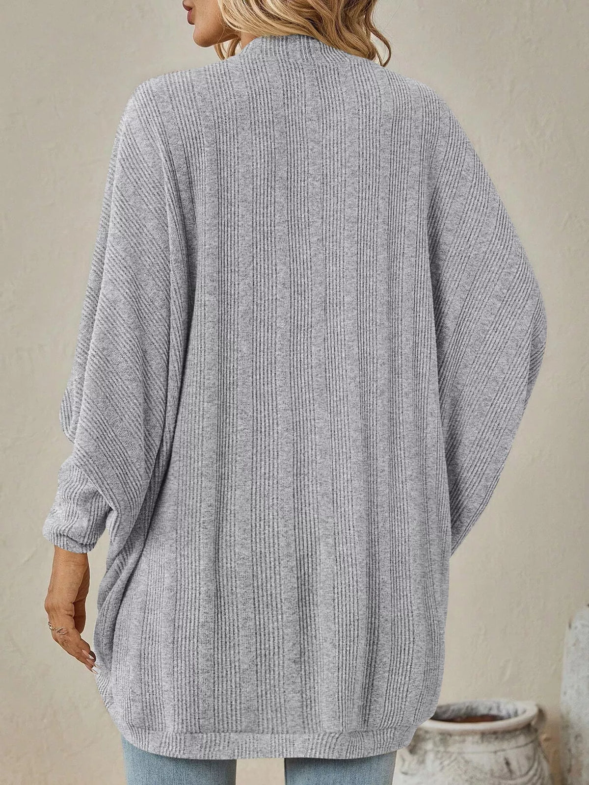 Casual Open Front Batwing Sleeve Ribbed Knit Cardigan