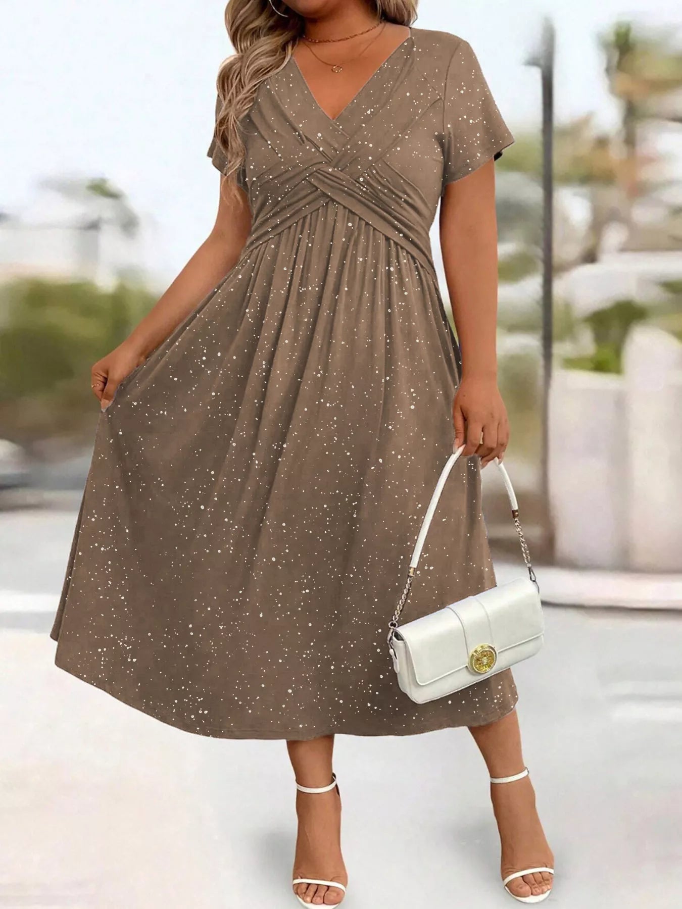 Full Size Glitter Flutter Sleeve Midi Dress Plus Size