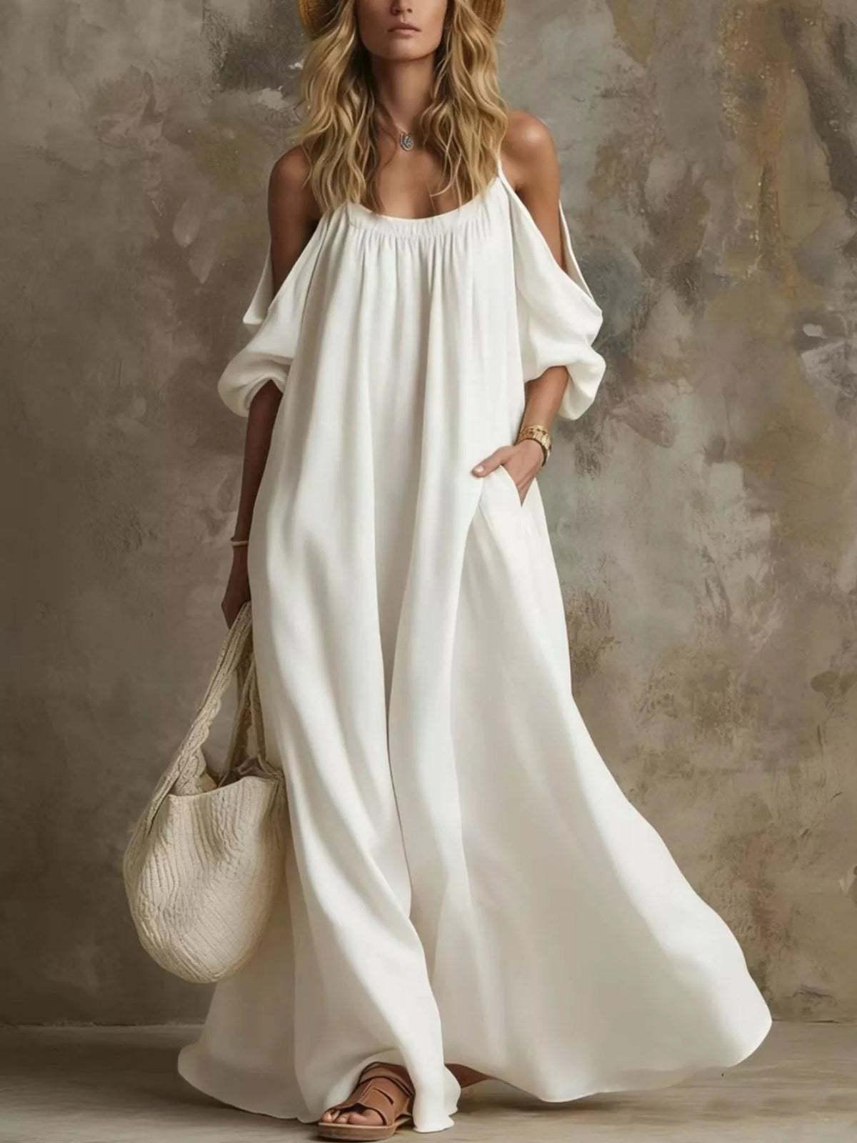 Full Size Cold-Shoulder Linen Maxi Dress Plus Size