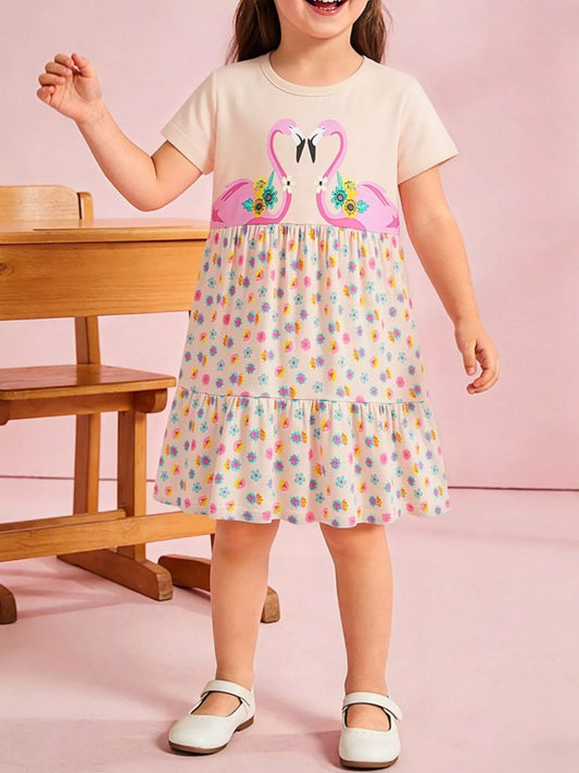 Children's Flamingo Print Tiered Casual Dress