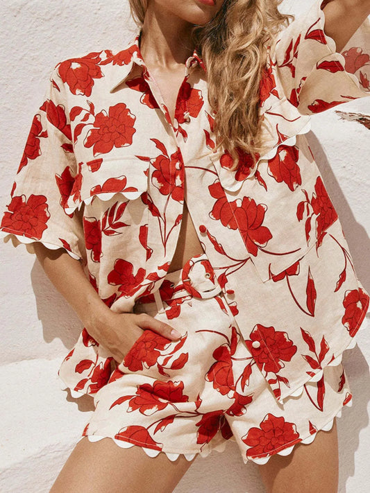Floral Print Scalloped Edge Top and Shorts Set