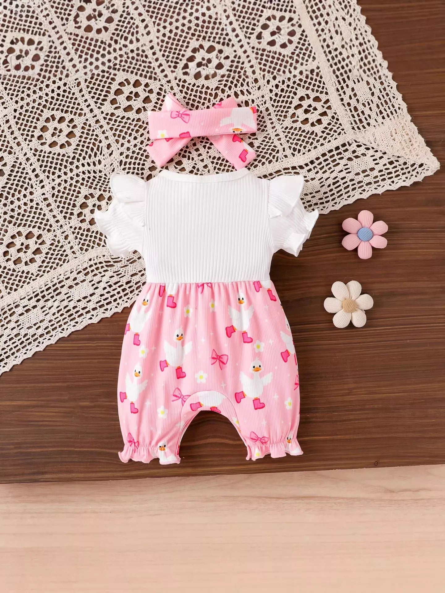 Children's Bow Duck Print Romper with Headband