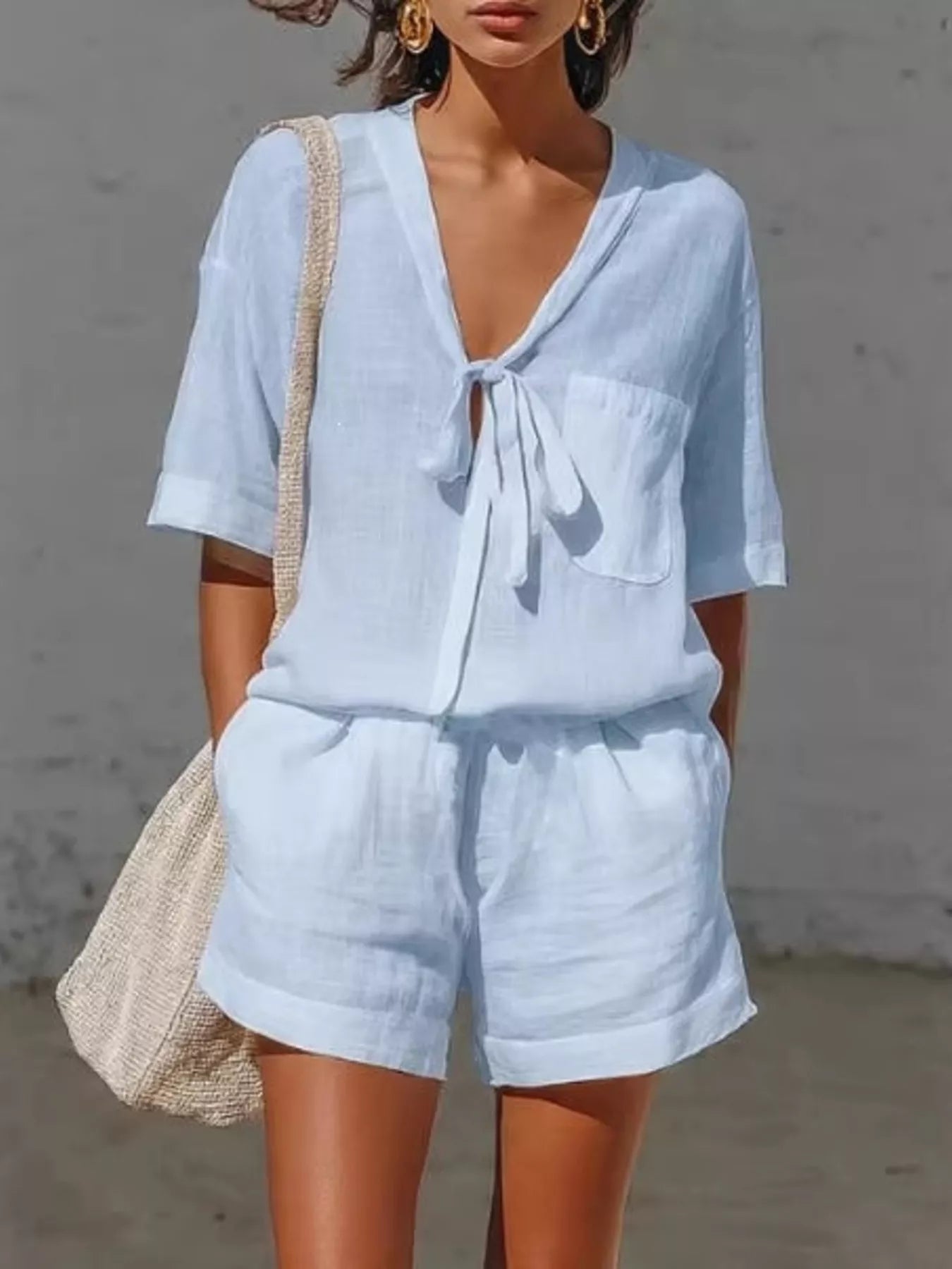 Tie-Front Half Sleeve Shirt and Shorts Set
