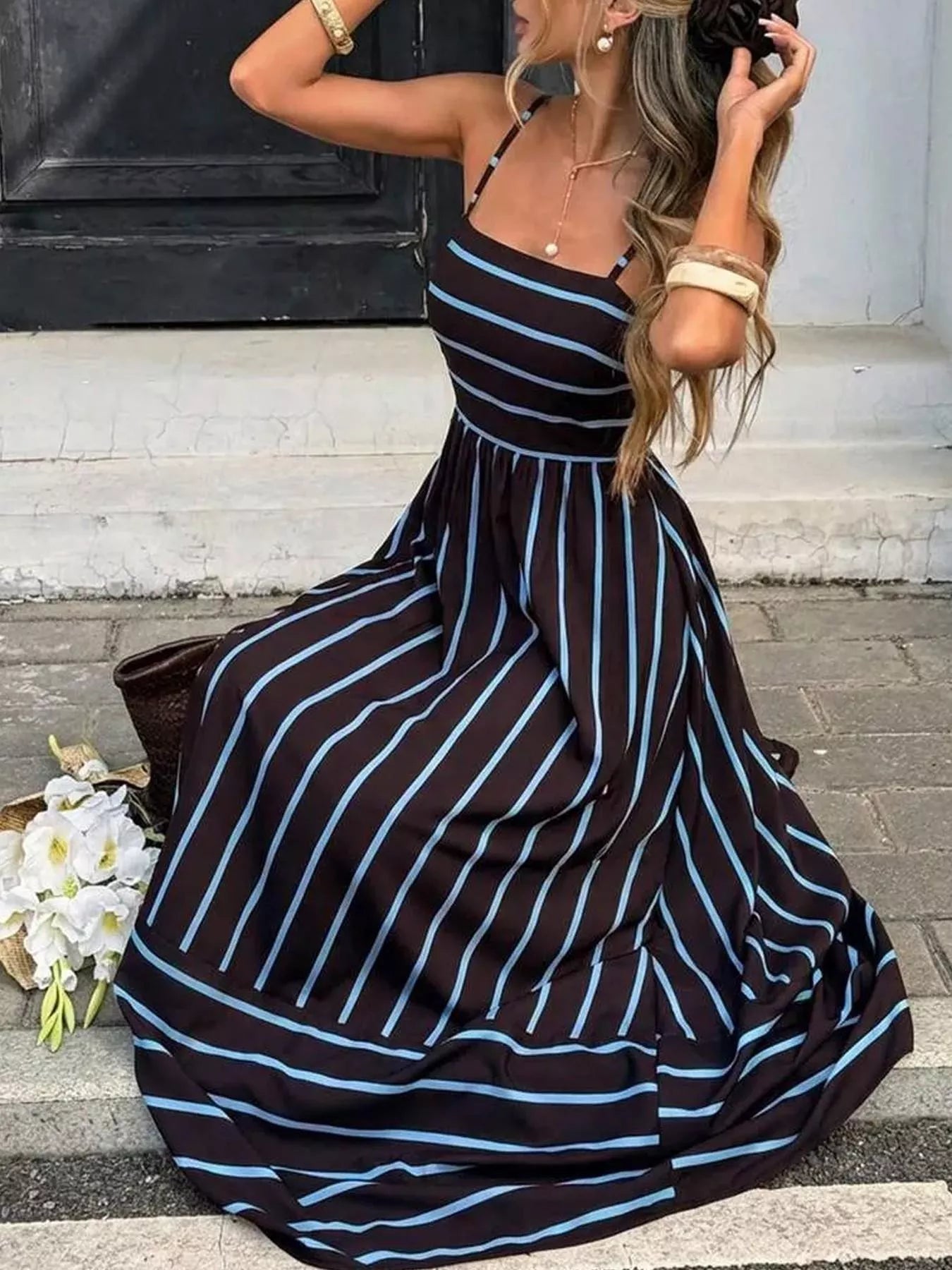 Cutout Back Striped Maxi Dress