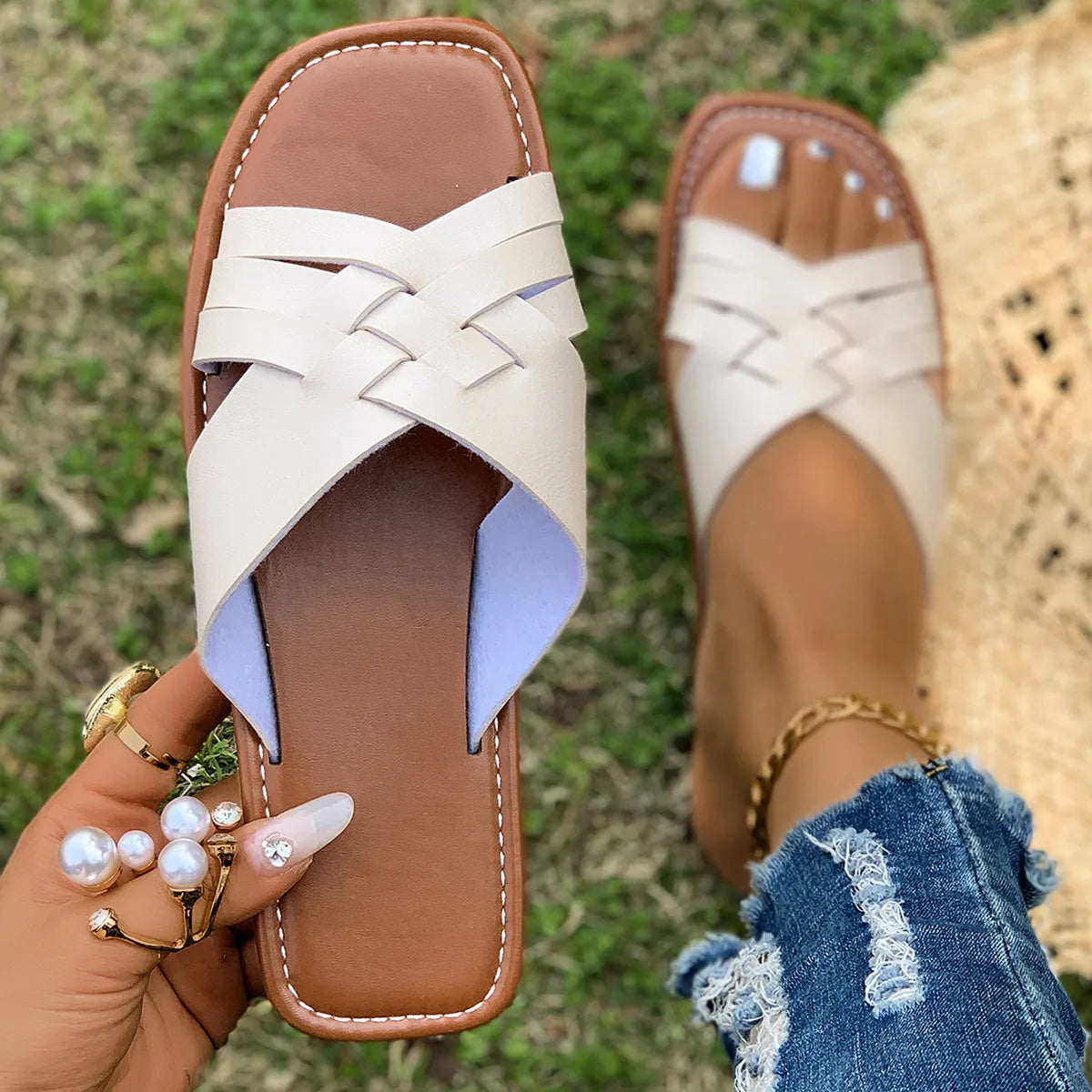Woven Open Toe Flat Sandals