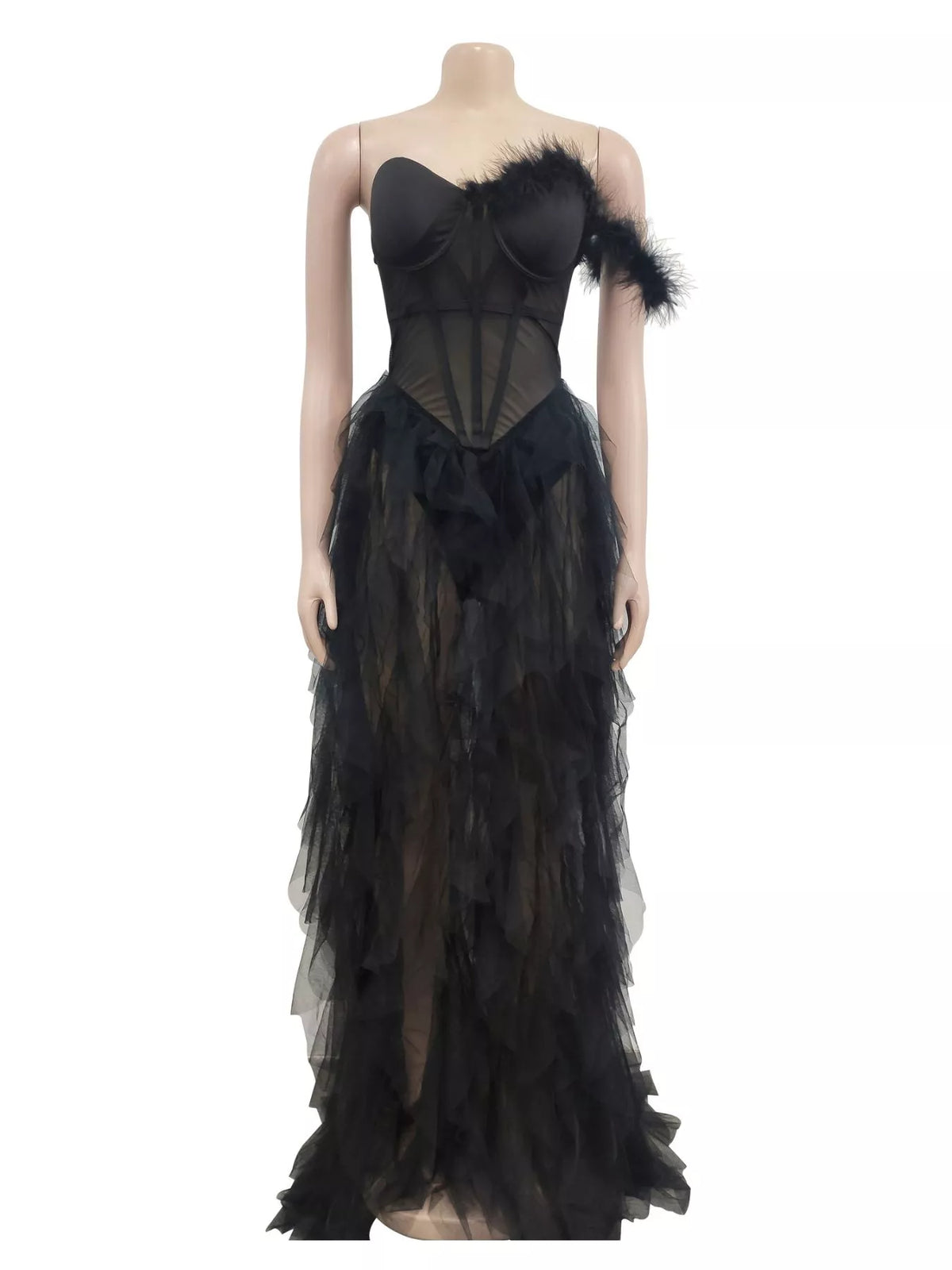 Feathered Corset Tulle Evening Dress