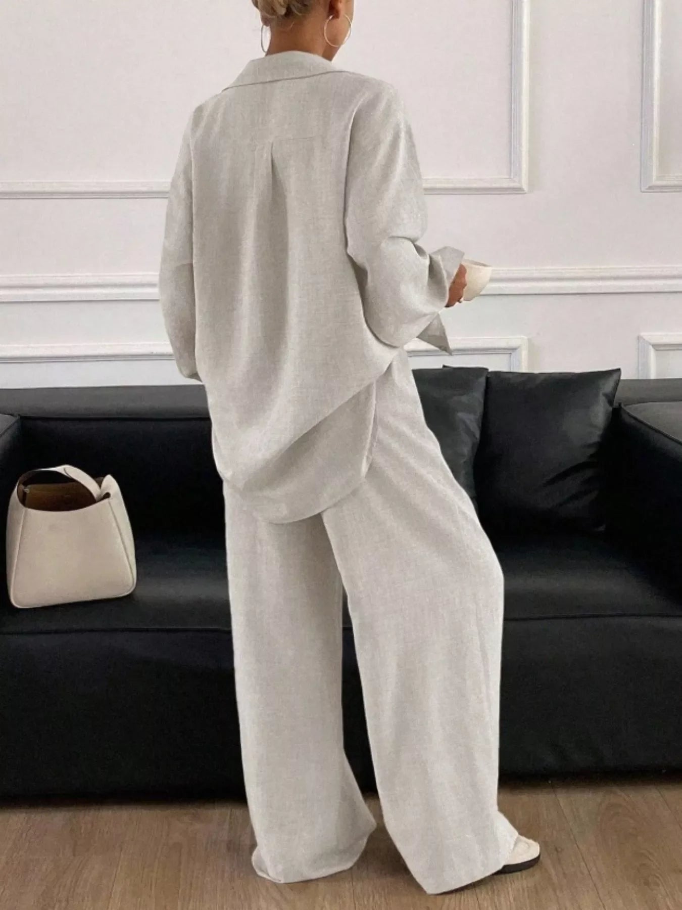 Button-Down Shirt and Wide-Leg Pants Set