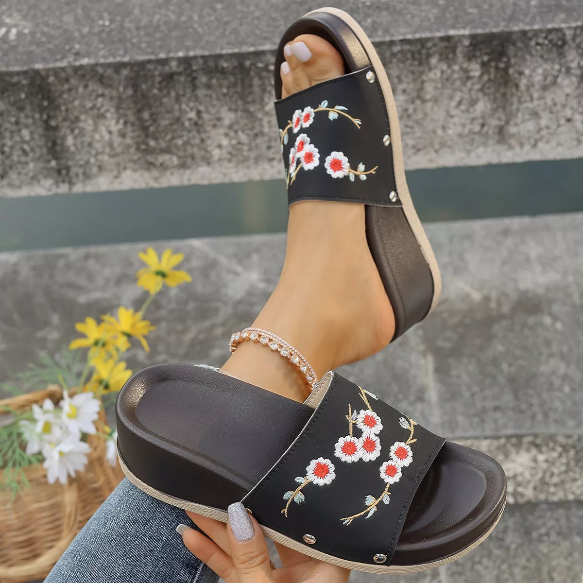 Floral Embroidered Wedge Sandals