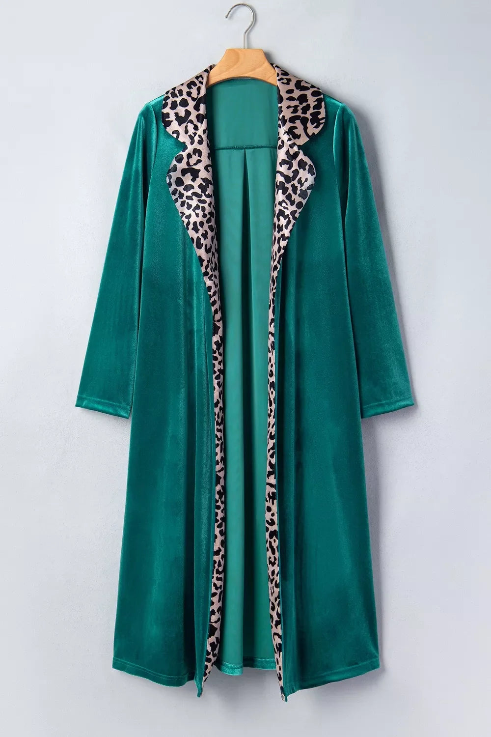Velvet Contrast Leopard Print Lapel Collar Open Front Cardigan
