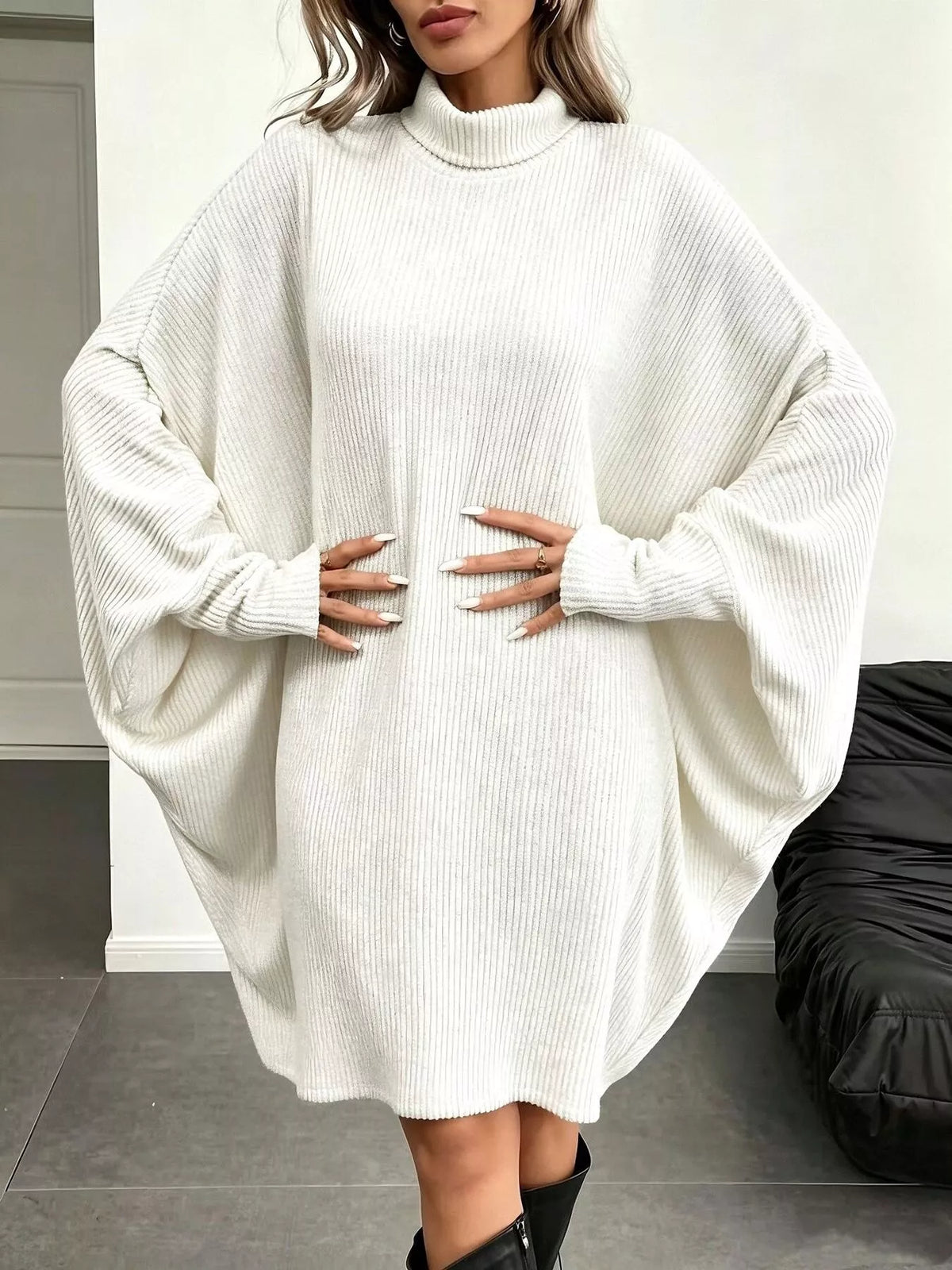 Oversized Batwing Sleeve Ribbed Knit Turtleneck Dress