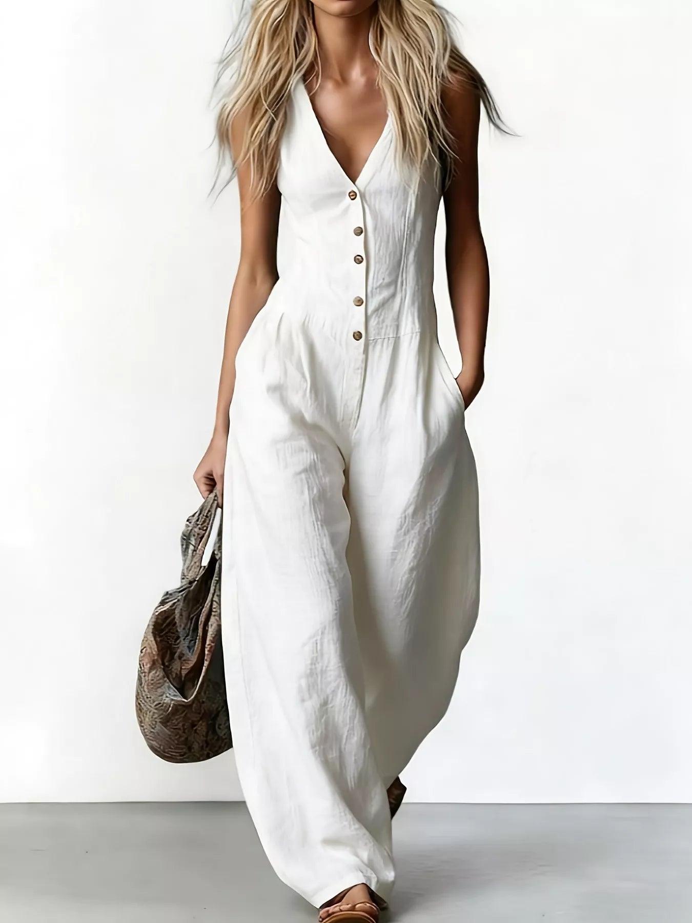 V-Neck Button-Down Wide-Leg Jumpsuit