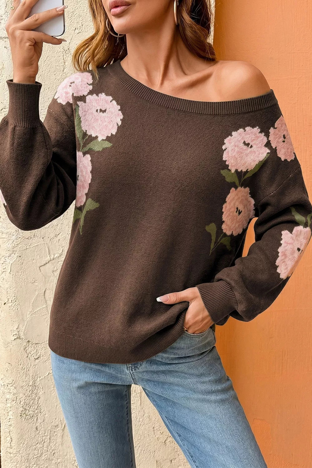 Floral Print Drop Shoulder Relaxed Sweater