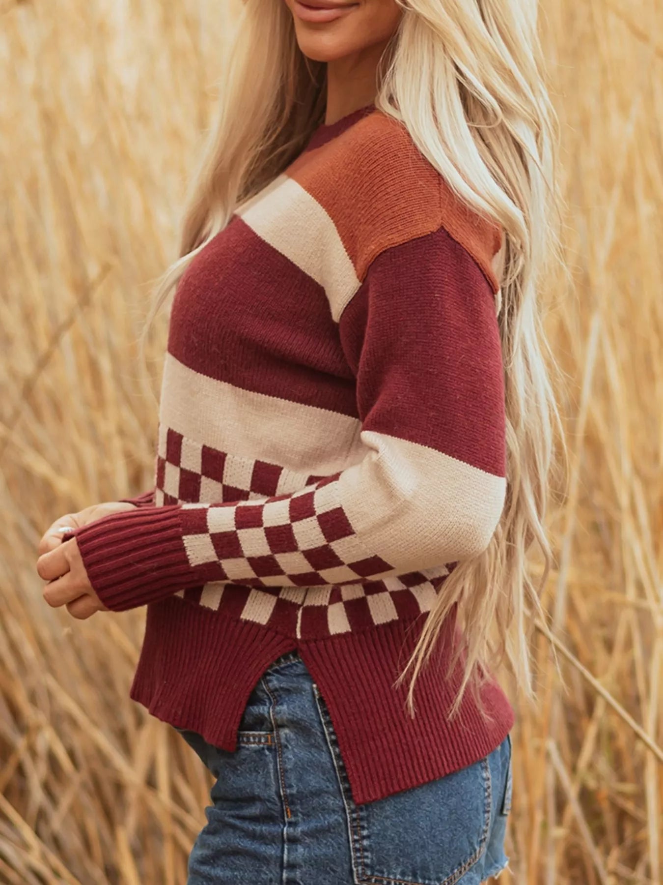 Checkered Color Block Knitted Drop Shoulder Sweater