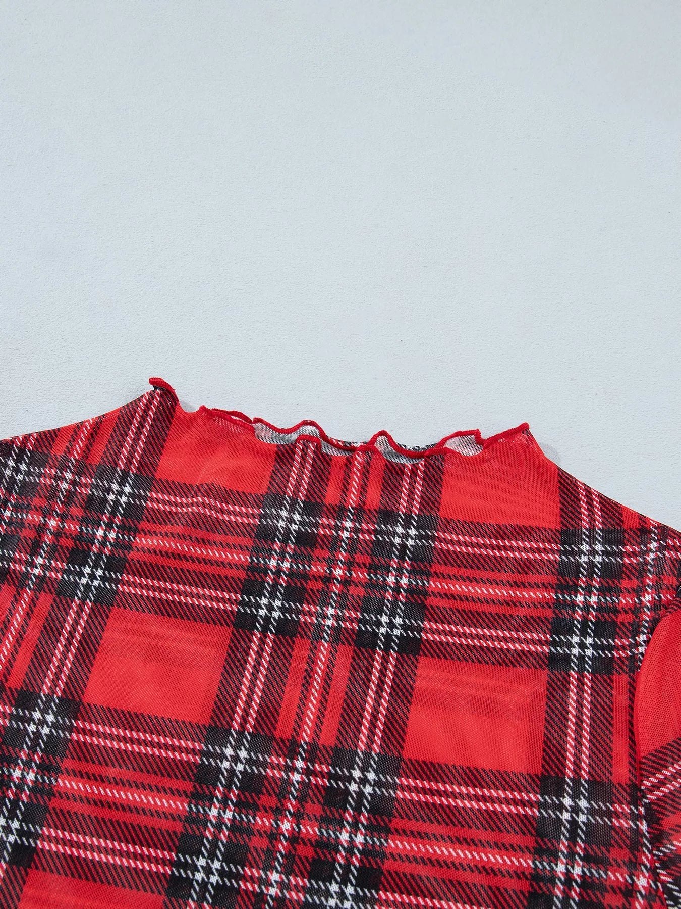 Sheer Plaid Mock Neck Long Sleeve Blouse