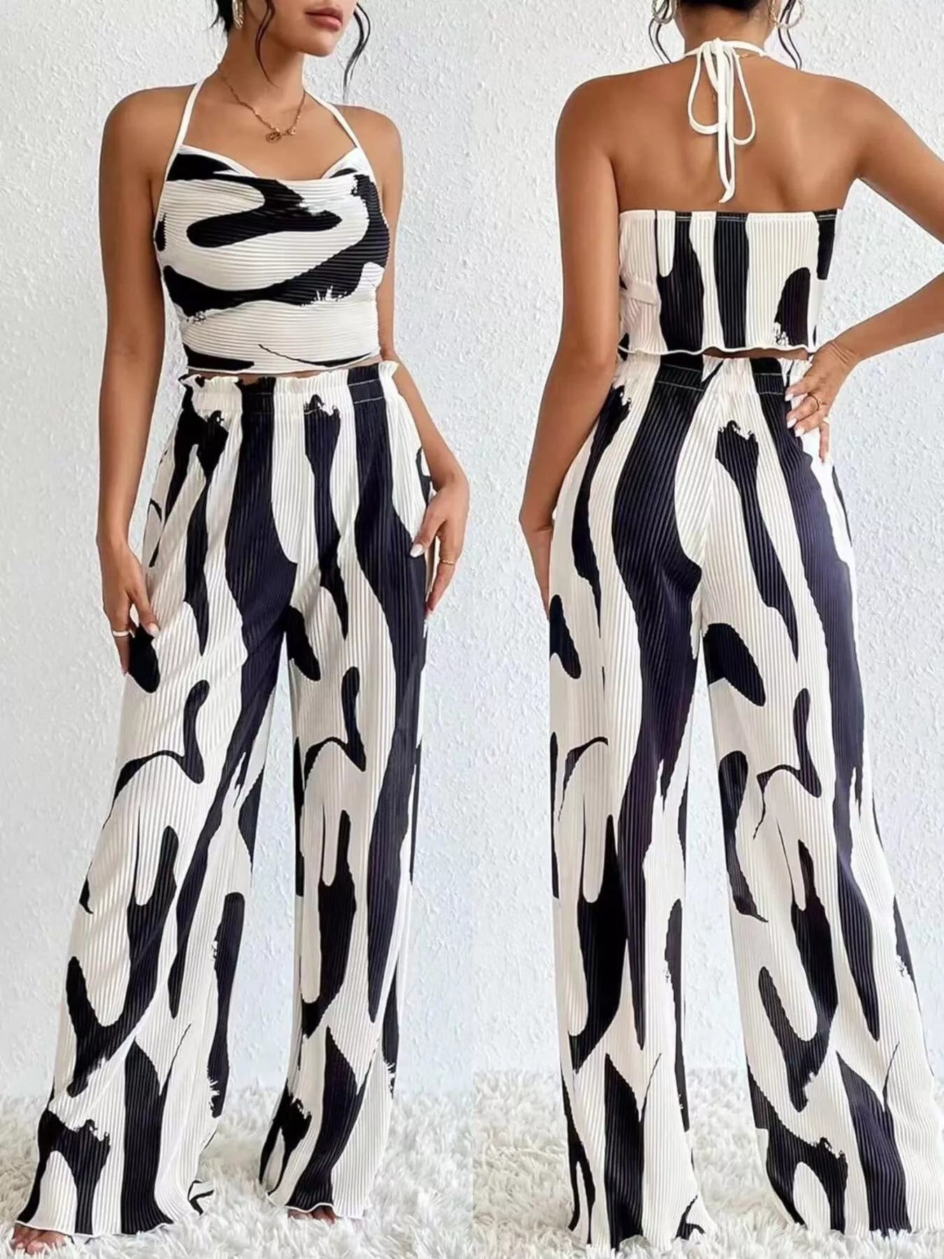 Abstract Print Halter Neck Crop Top and Wide Leg Pants Set