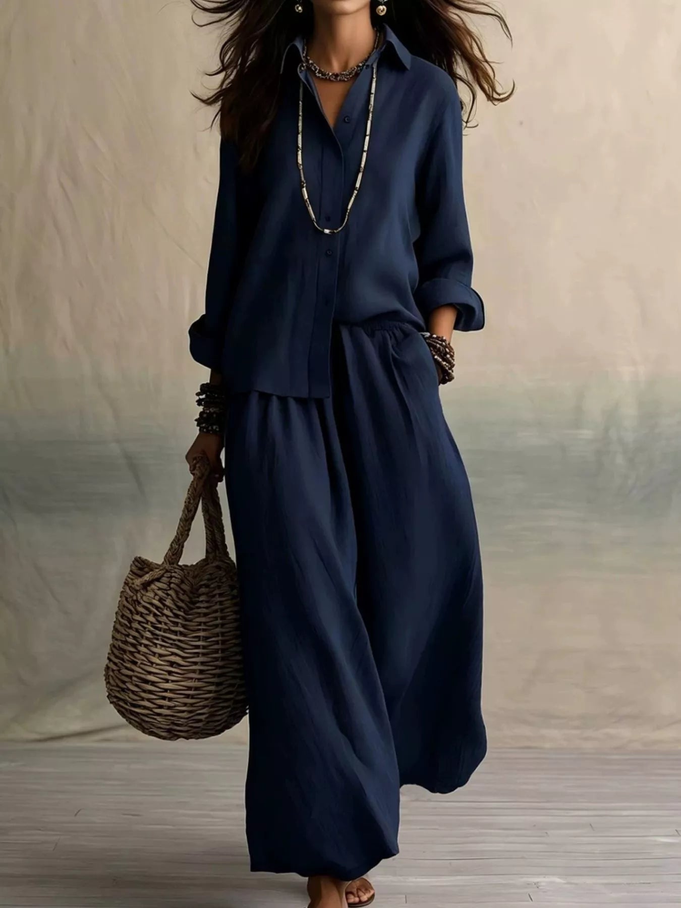 Full Size Button Up Shirt and Wide-Leg Pants Set Plus Size