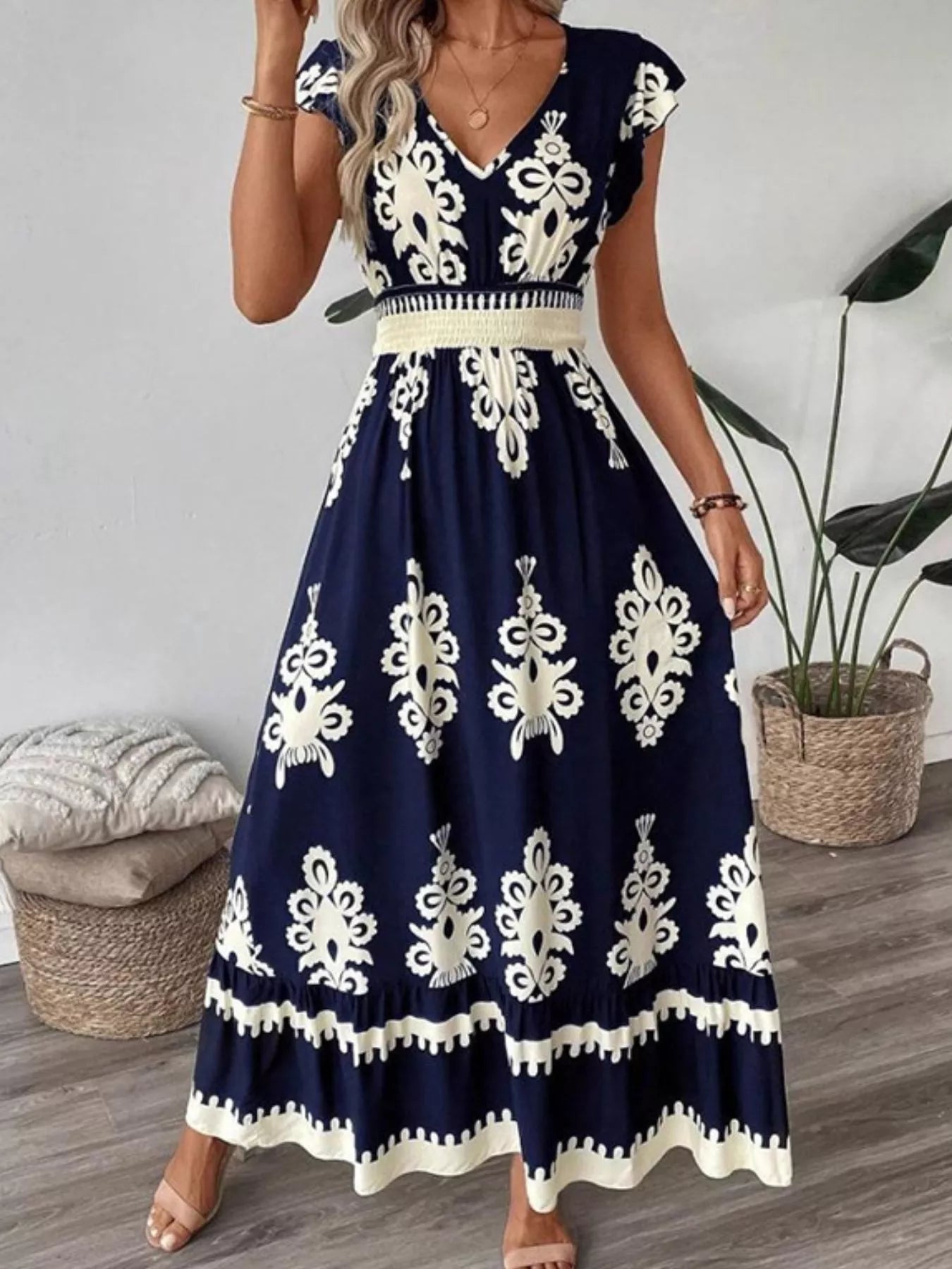 Ruffled Printed V-Neck Maxi Dress