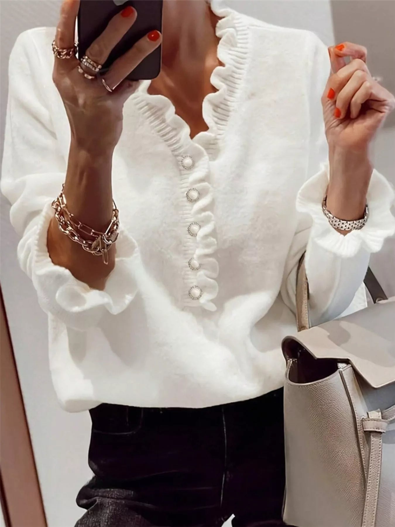 Ruffled Pearl Button Sweater
