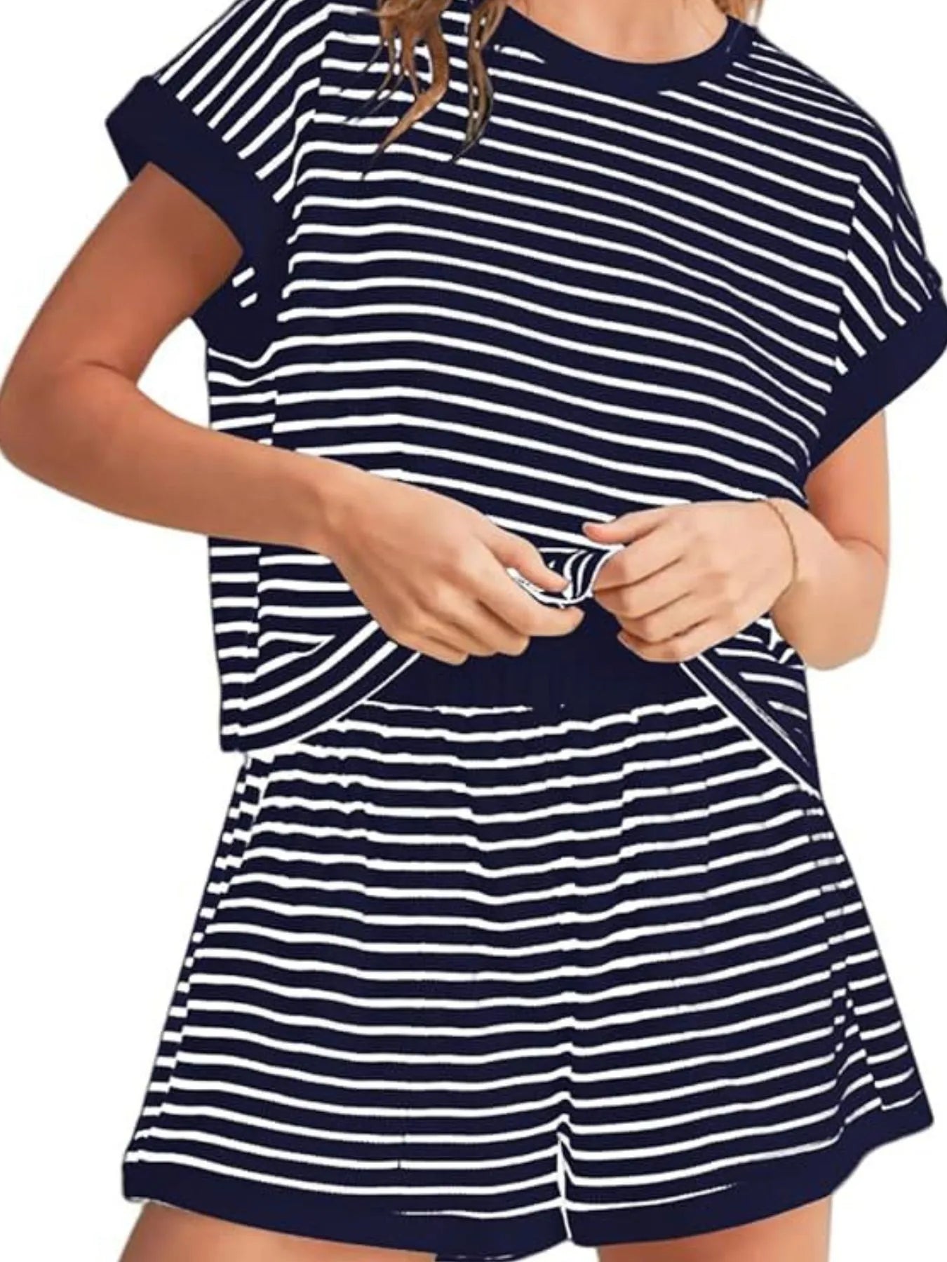 Full Size Contrast Striped T-Shirt and Shorts Set Plus Size