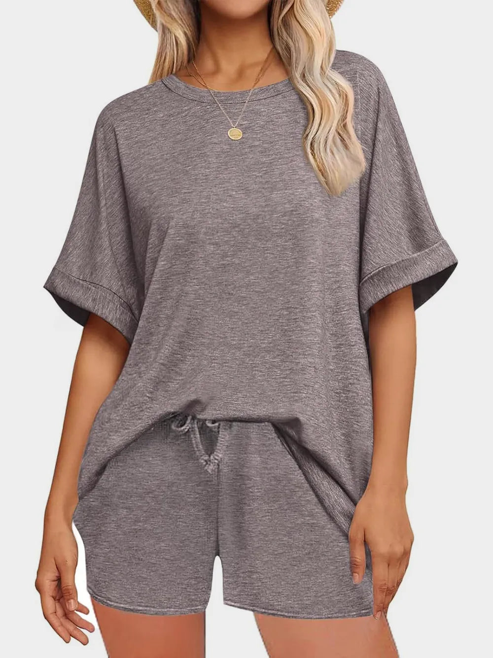 Round Neck T-Shirt and Drawstring Shorts Set