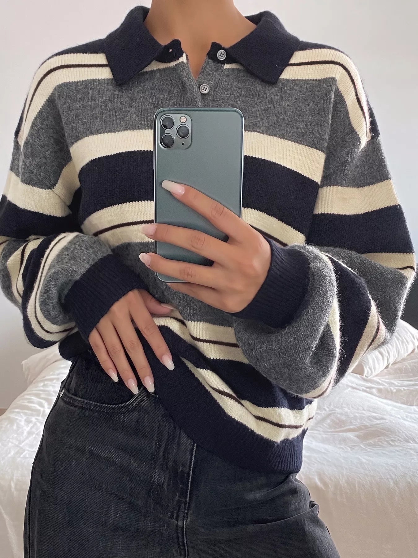Striped Long Sleeve Button Detail Sweater