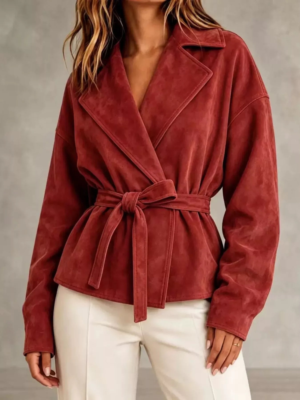 Tie-Waist Lapel Collar Jacket