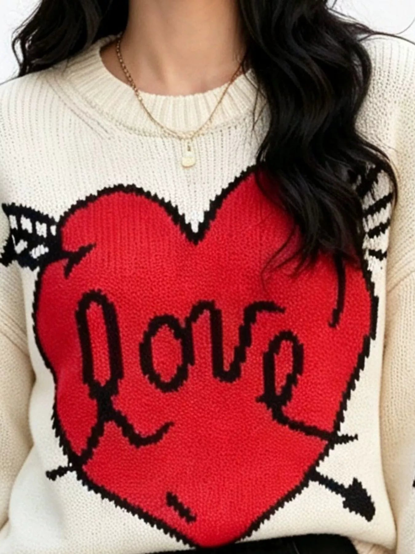 Heart Round Neck Ribbed Sweater