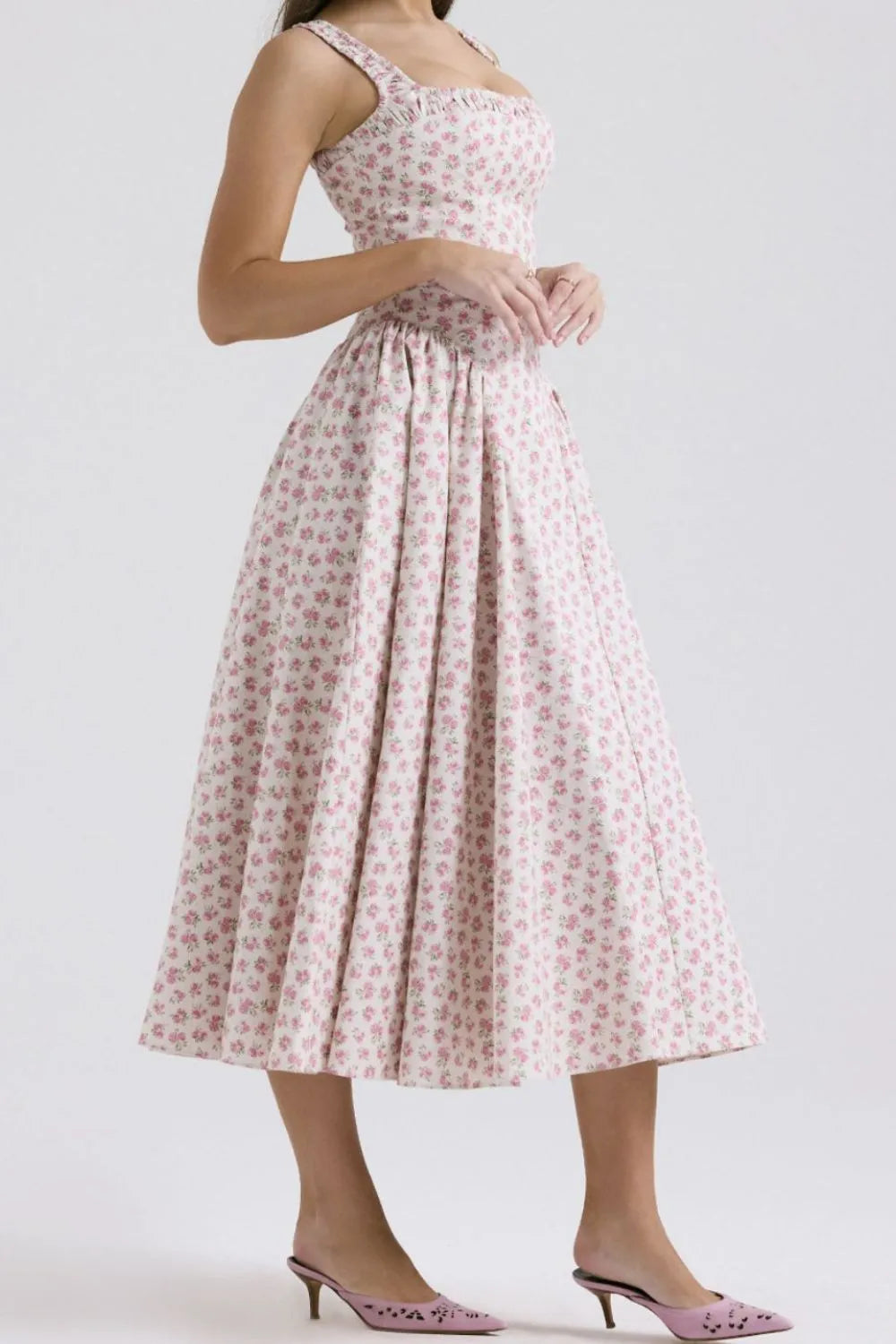 Floral Square Neck Wide Strap Midi Dress