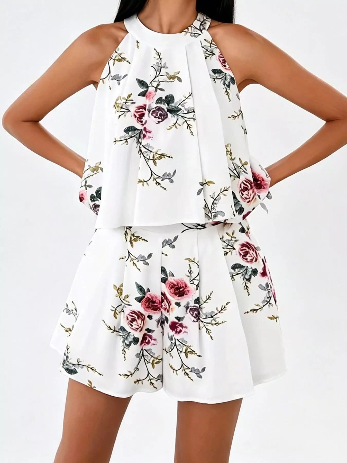 Full Size Floral Print Halter Neck Tank Top and Pleated Shorts Set Plus Size