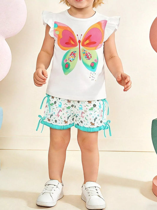 Children's Butterfly Ruffle Sleeve Top and Animal Print Shorts Set