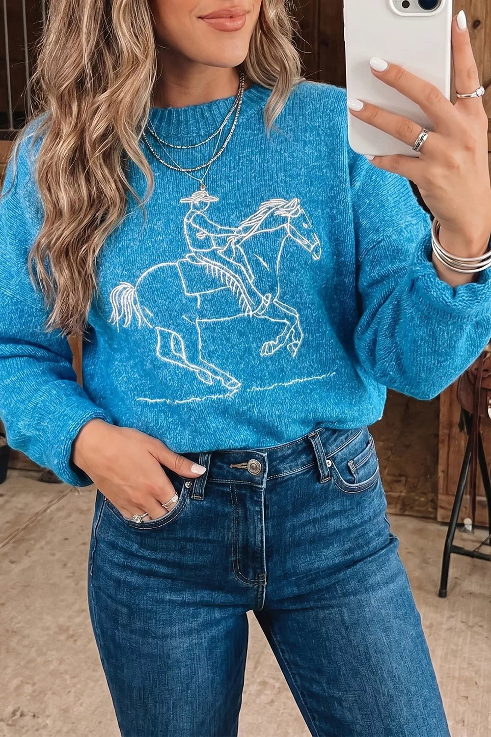 Western Embroidery Drop Shoulder Sweater