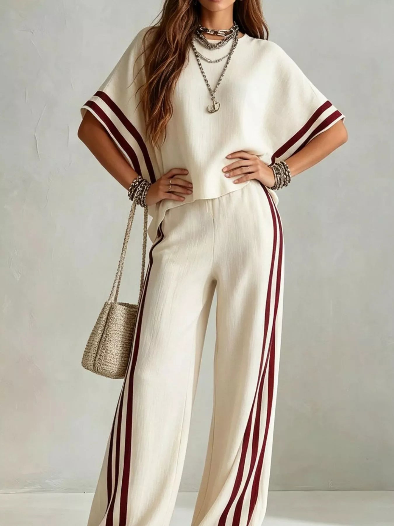 Full Size Striped 3/4 Sleeve Top and Pants Set Plus Size