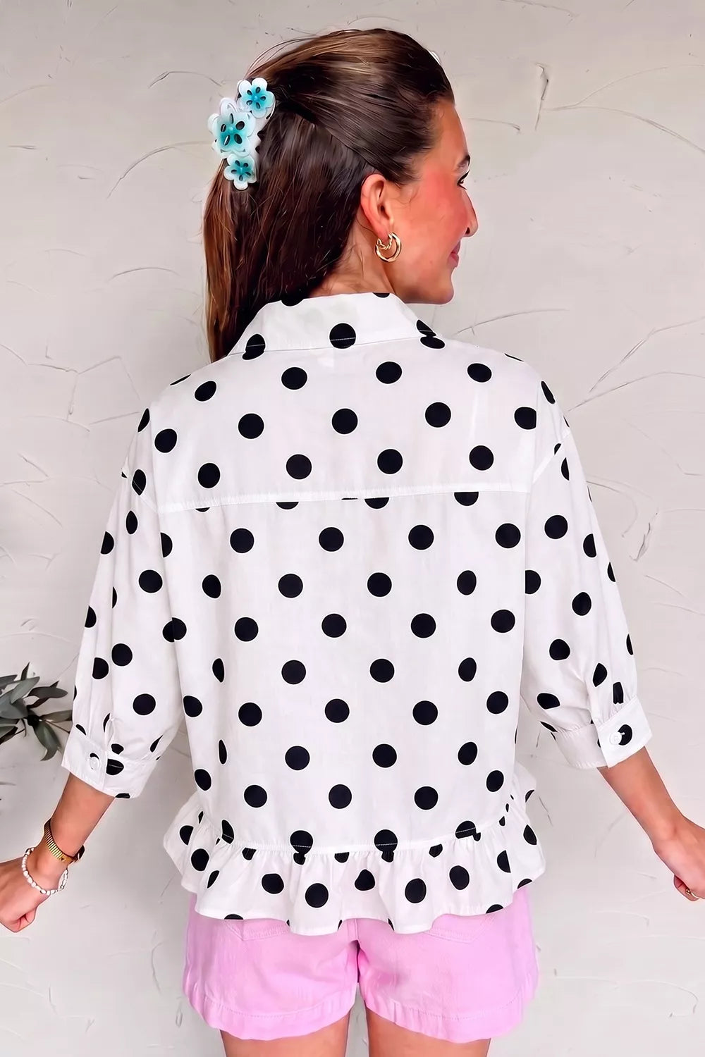 Polka Dot Print Three‑Quarter‑Sleeve Ruffle Hem Casual Shirt