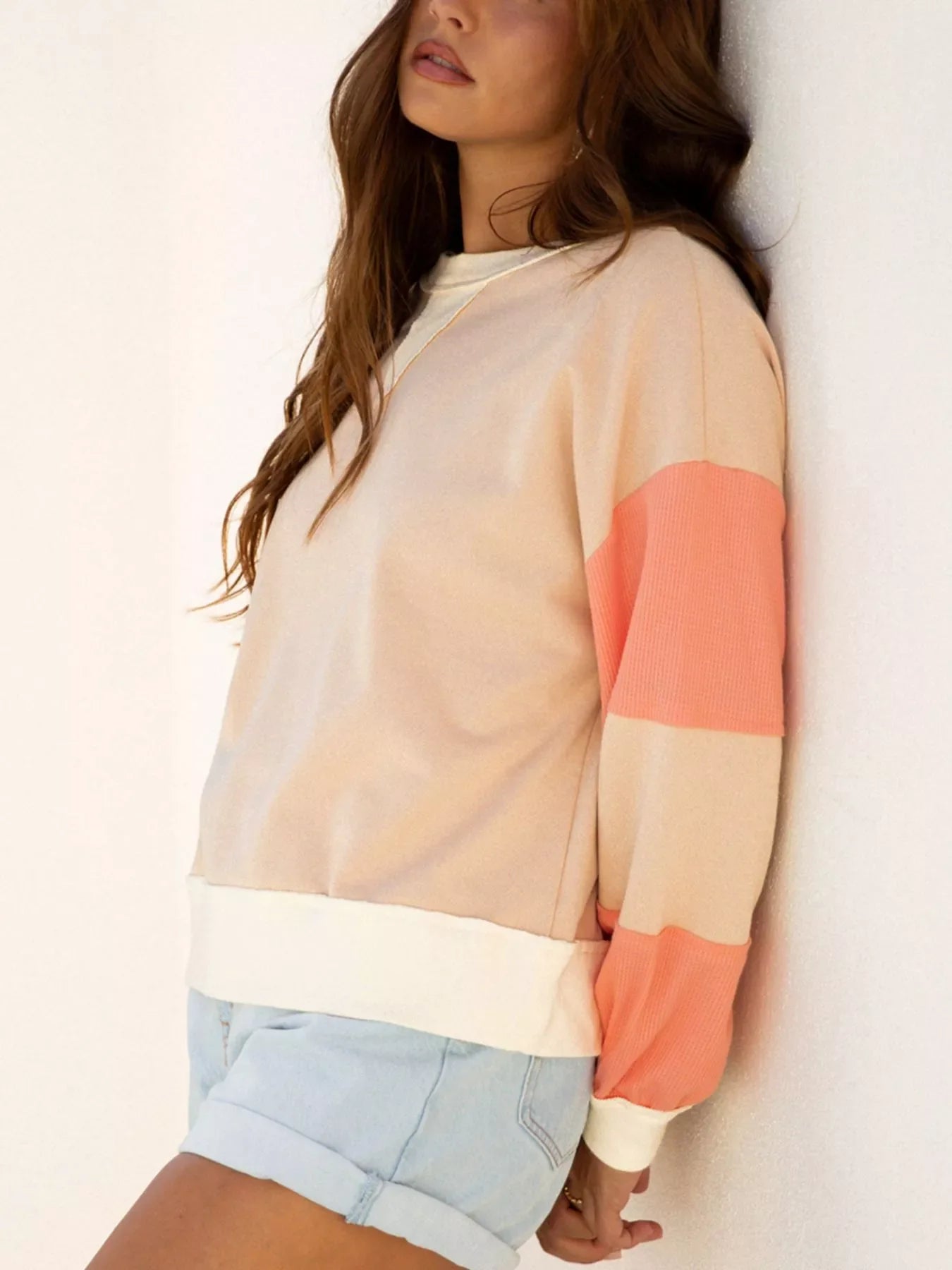 Color Block Textured Patchwork Pullover Sweatshirt