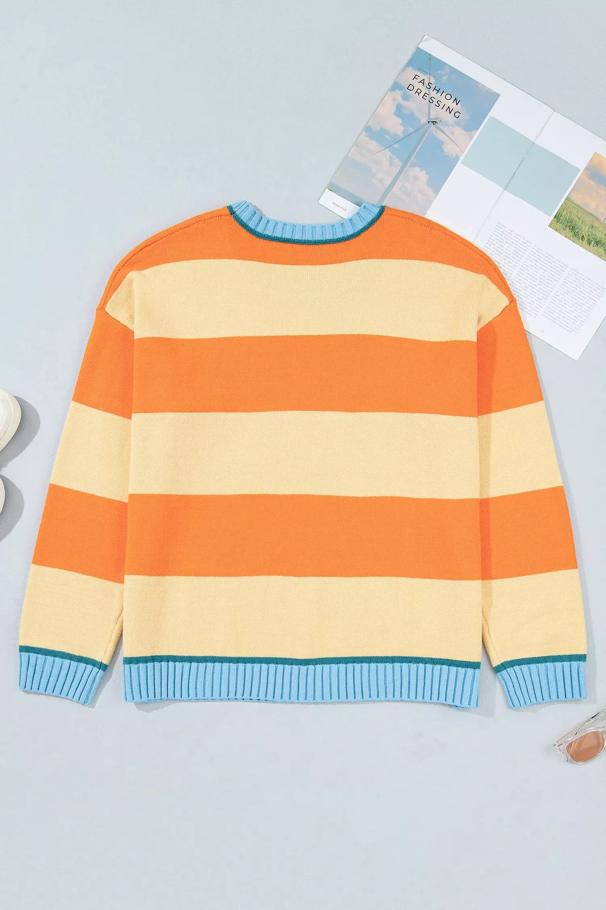 Plus Size Striped Color Block Round Neck Long Sleeve Oversized Sweater