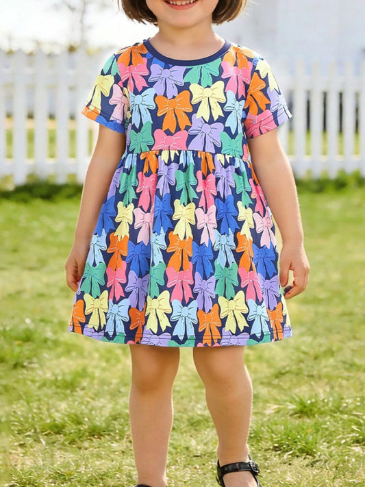 Children's Colorful Bow-Print Casual Dress