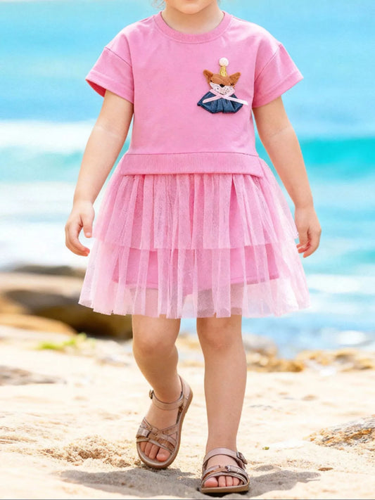 Children's Fox Applique Tulle Layered Dress