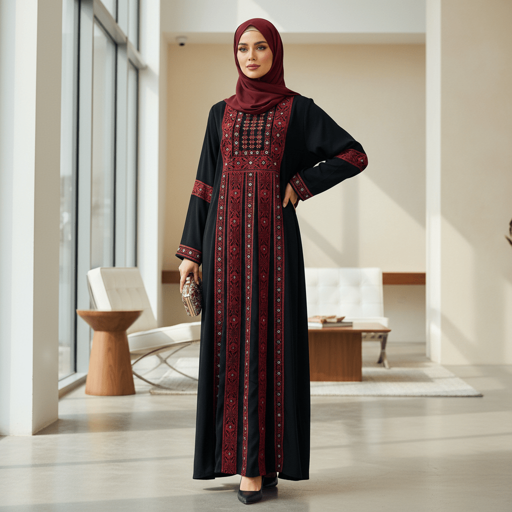 Acetate-like Mesh Tatreez Traditional Palestinian Heritage Abaya  (MA253)