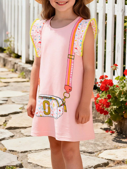Children's Cartoon Bag Print Ruffled Dress