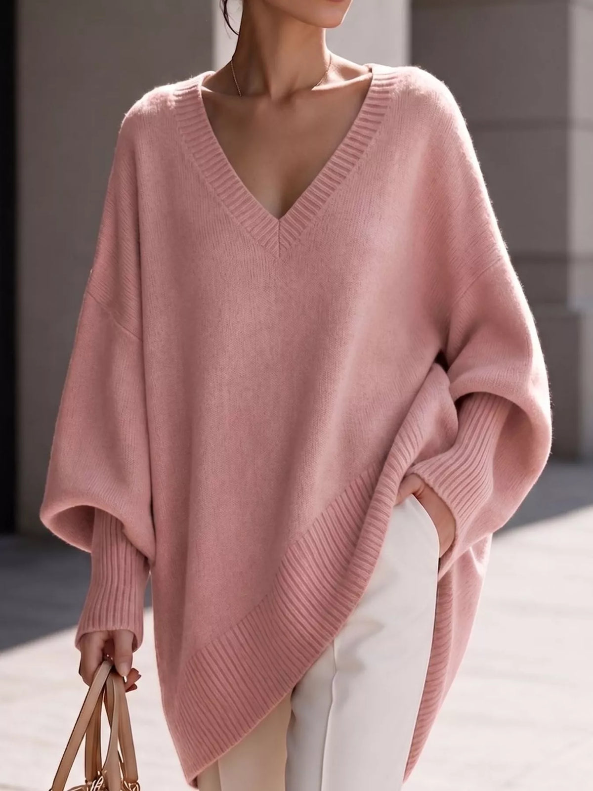 Full Size V-Neck Oversized Batwing Sleeve Sweater Plus Size