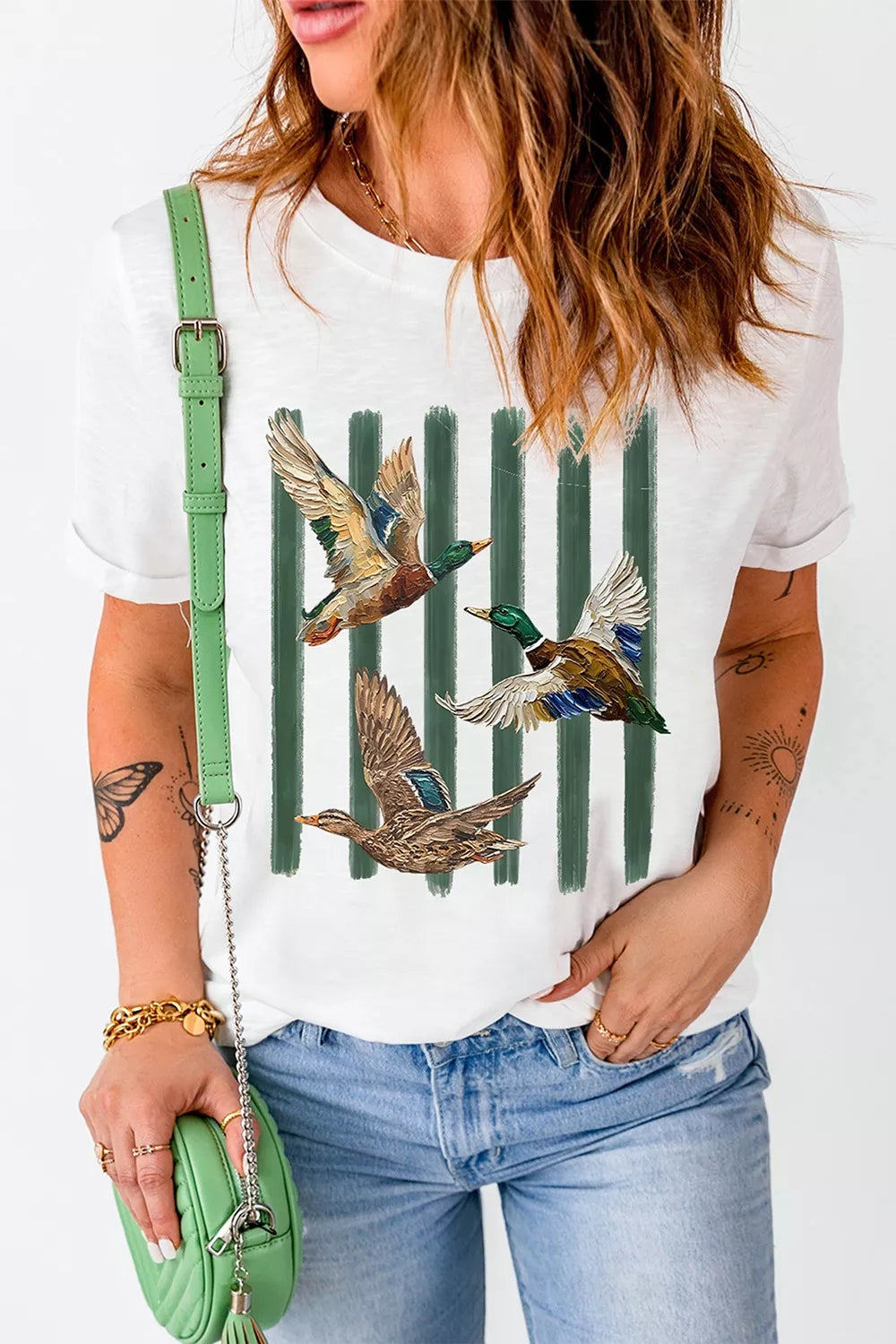 Western Mallard Stripes Graphic Round Neck Casual Tee
