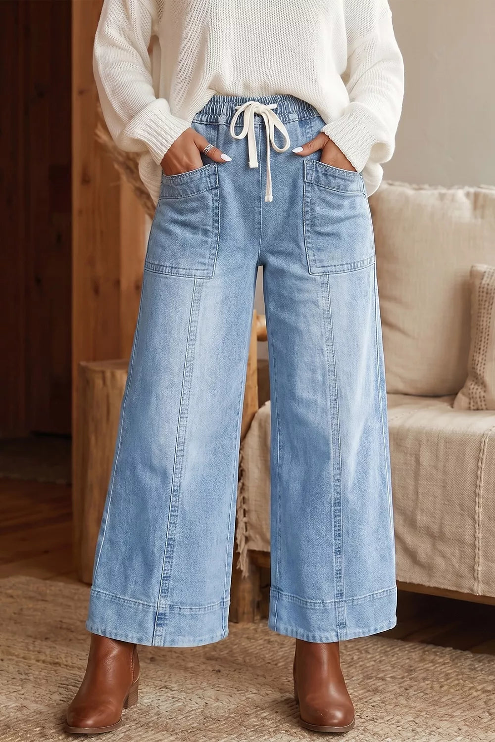 Drawstring Waist Wide Leg Ankle Length Jeans