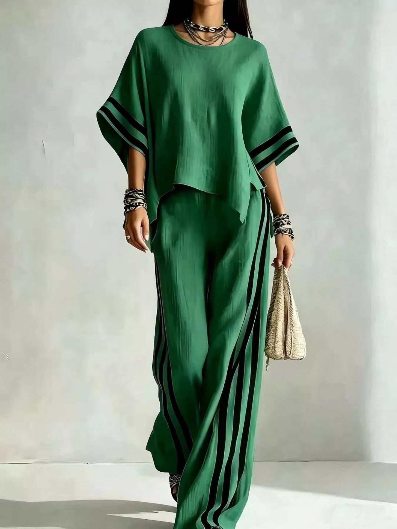 Full Size Striped 3/4 Sleeve Top and Pants Set Plus Size