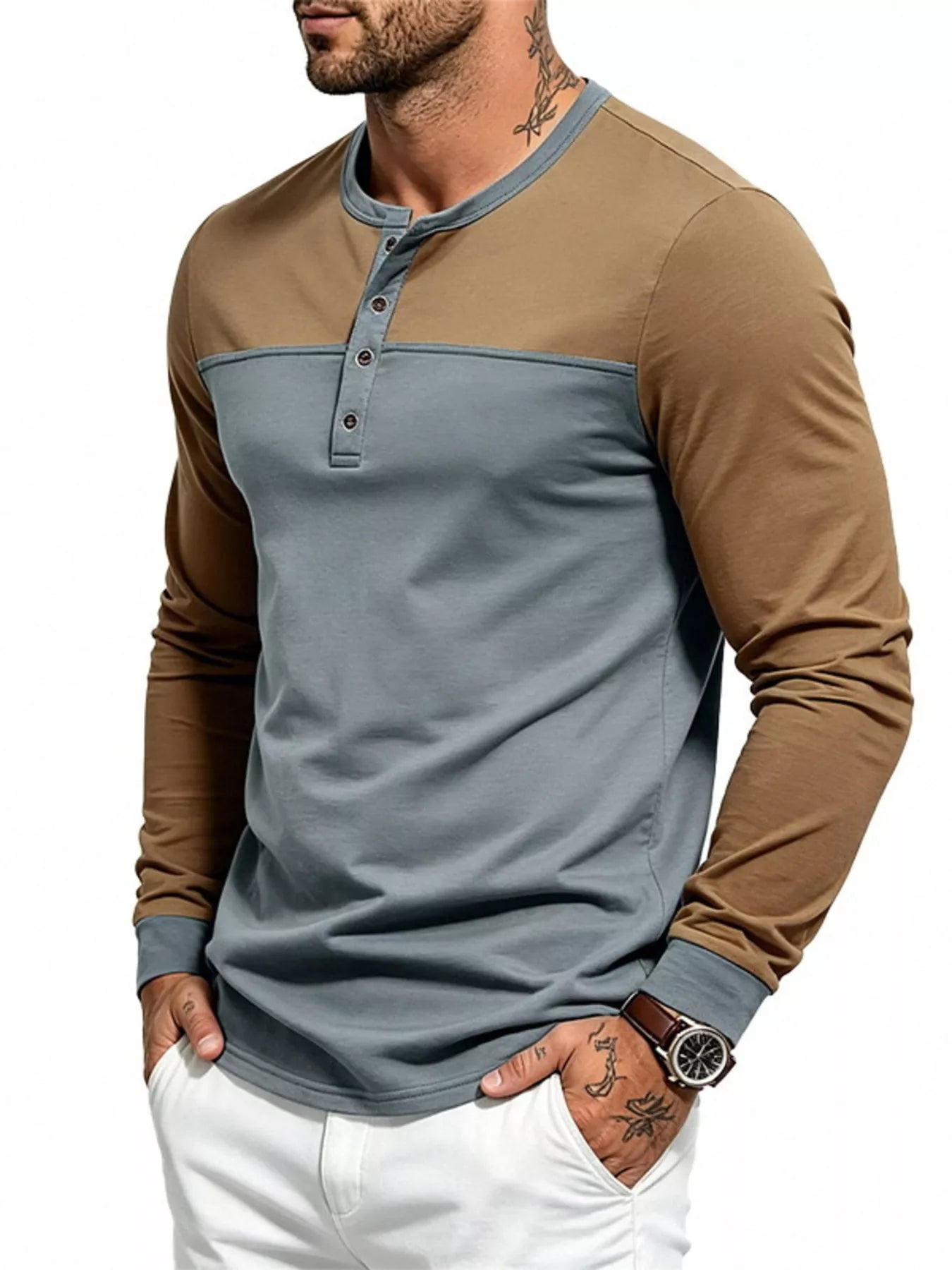 Men's Full Size Color-Block Long Sleeve Henley T-Shirt Plus Size