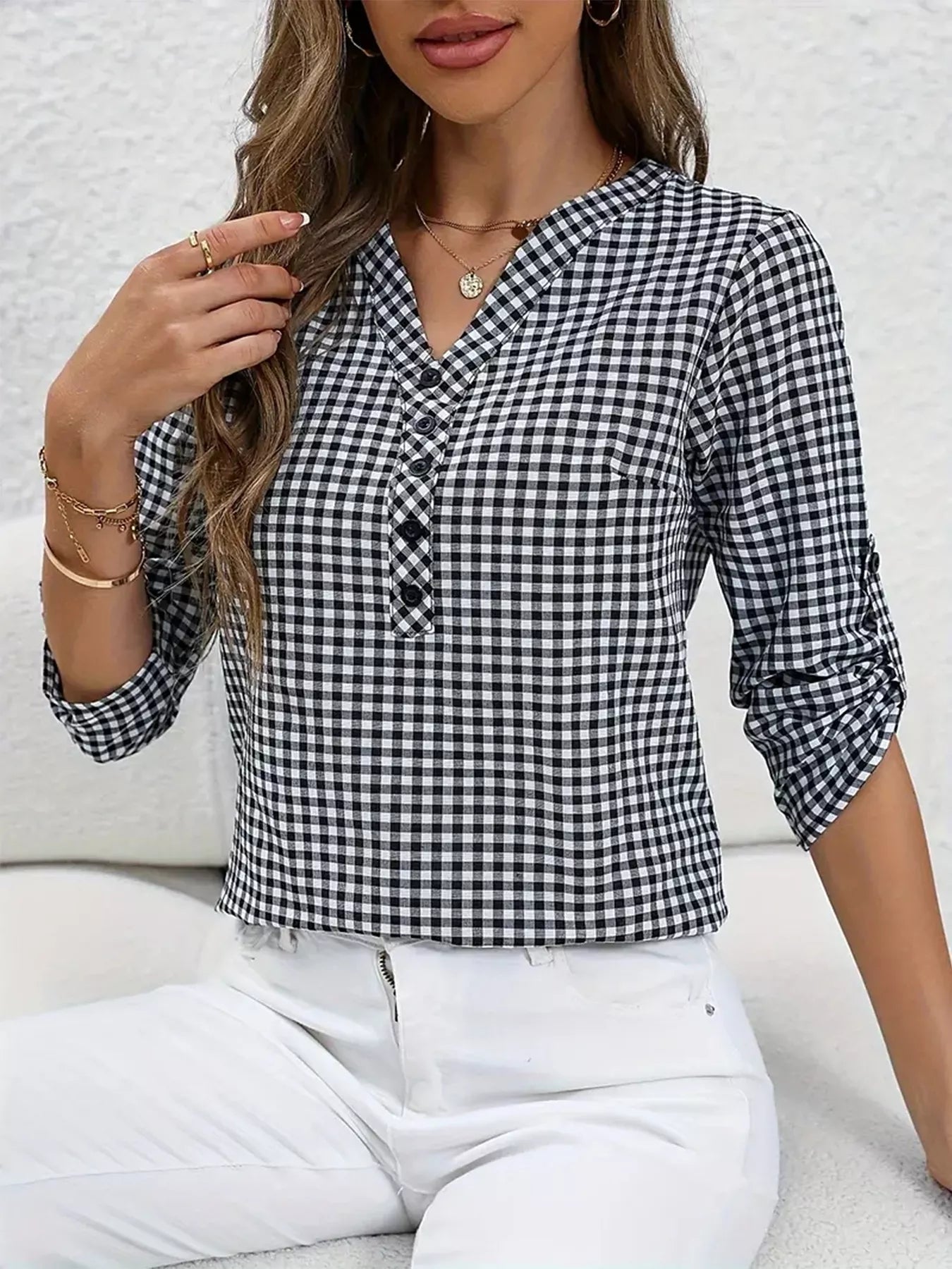 Gingham Button Detail Blouse
