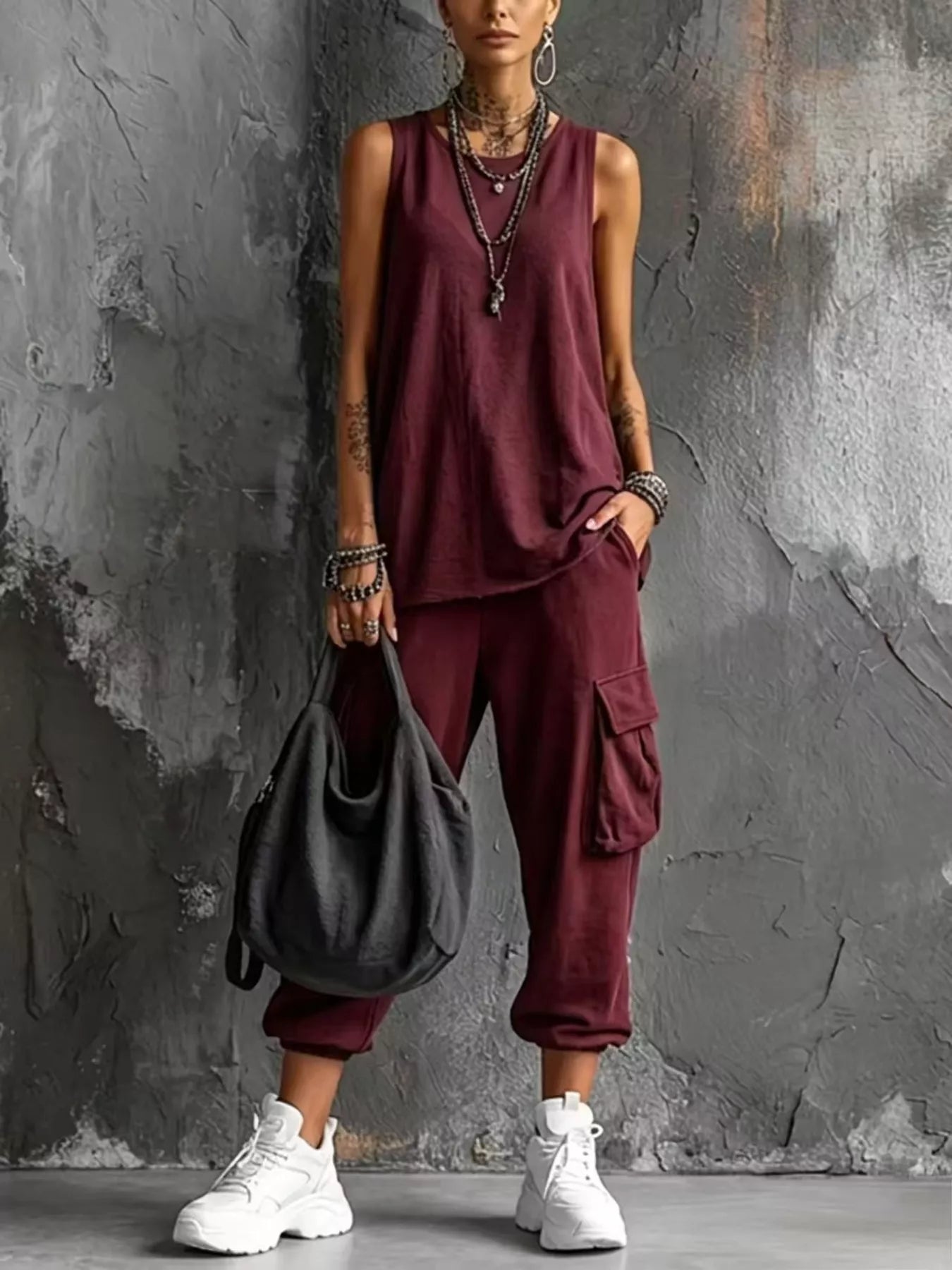 Full Size Casual Tank and Cargo Pants Set Plus Size