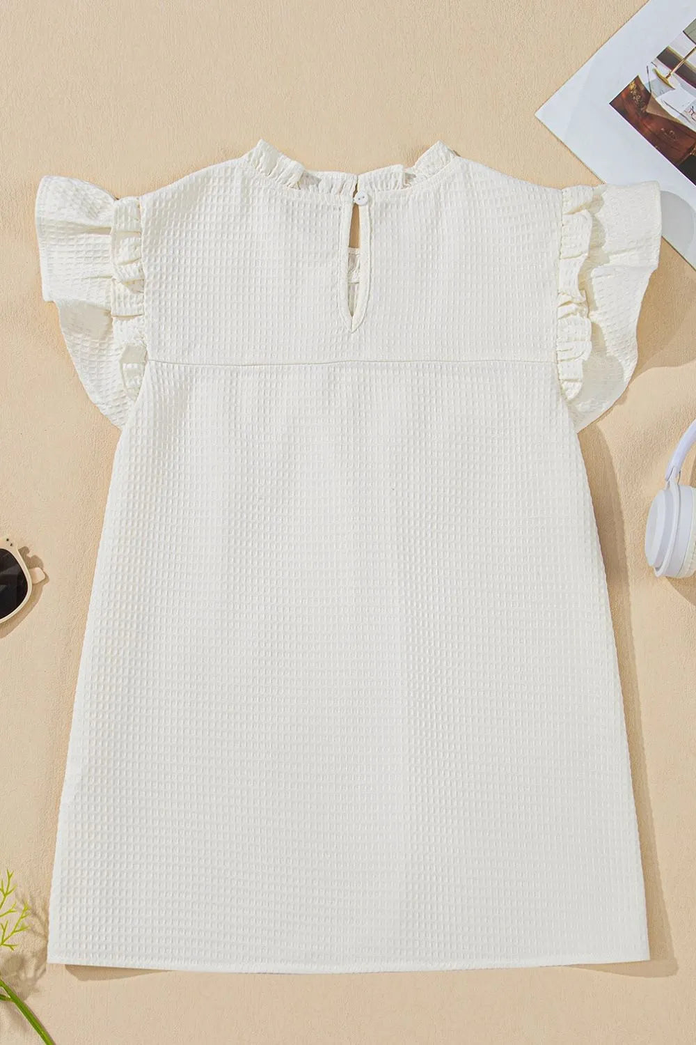 Solid Color Ruffle Trim Waffle Knit Blouse